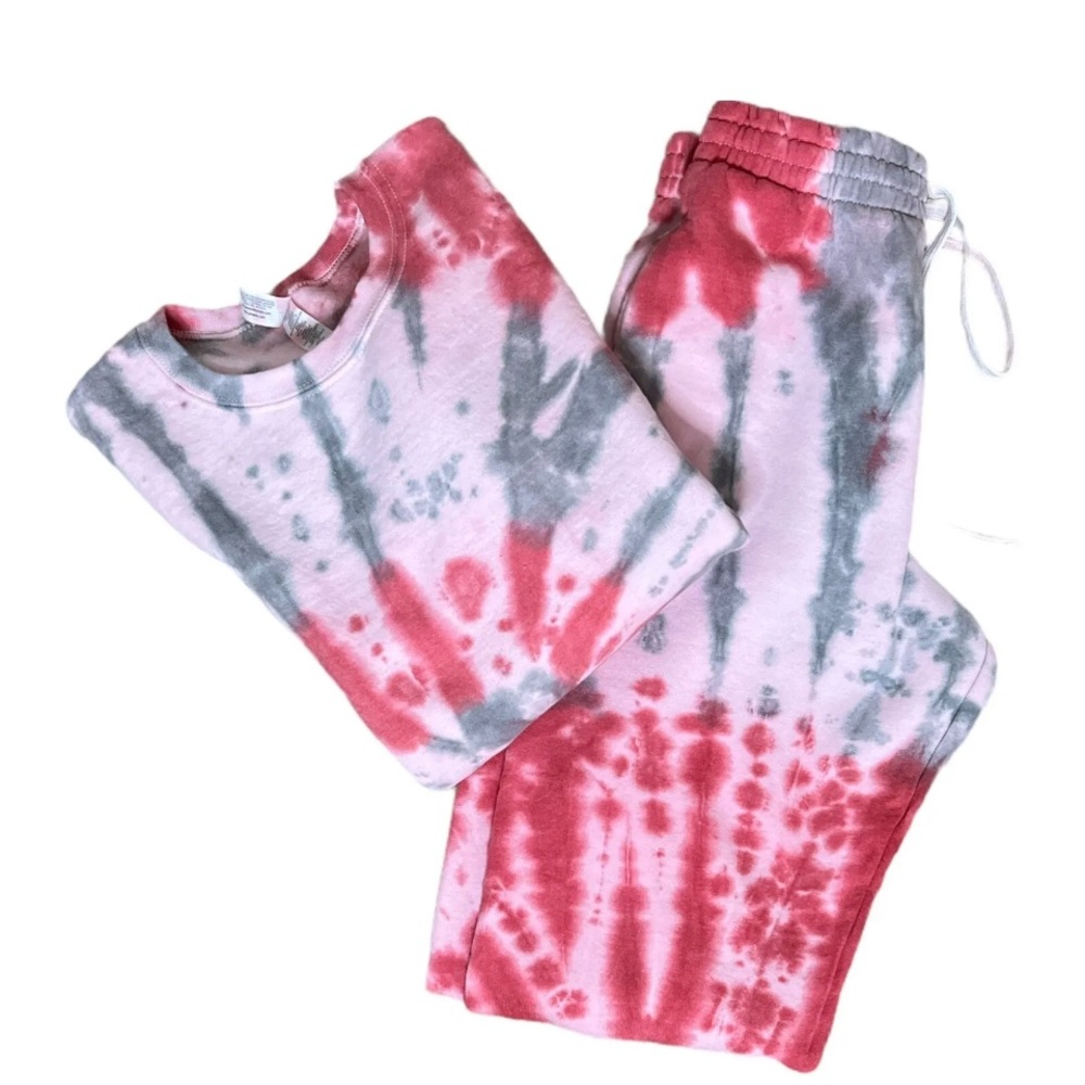 Joggers Sweatsuit Set Tie Dye Red(pink)& Gray Unisex Small(W 4-6)